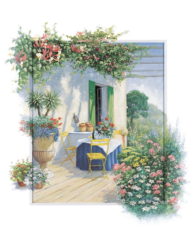 Peter Motz, A veranda in bloom II (Landschaft, Garten, Idylle, mediterran, Sommer, Blumen, Villa, Wunschgröße, Wohnzimmer, Treppenhaus)