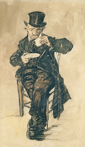 Vincent van Gogh, Mann mit Kaffeetasse. 1882 (19. Jahrhundert,laviert,Privatbesitz,Schwarze Kreide/Aquarell,1853-1890,Gogh,Vincent van,Trinken,Mann,Alter,Kaffee,Kaffeetrinker,Gogh, Vincent van Gogh,Zylinder)