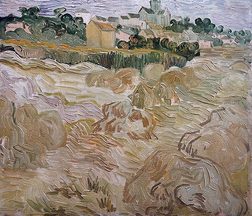 Vincent van Gogh, Ansicht von Auvers. 1890 (Öl auf Leinwand,Privatbesitz,19. Jahrhundert,1853-1890,Gogh,Vincent van,Gogh, Vincent van Gogh,Feld,Felder,Getreidefelder,Landschaft,Duktus,Post-Impressionismus,Weizenfelder,Weizen,Weizenfeld,Auvers-sur-Oise)