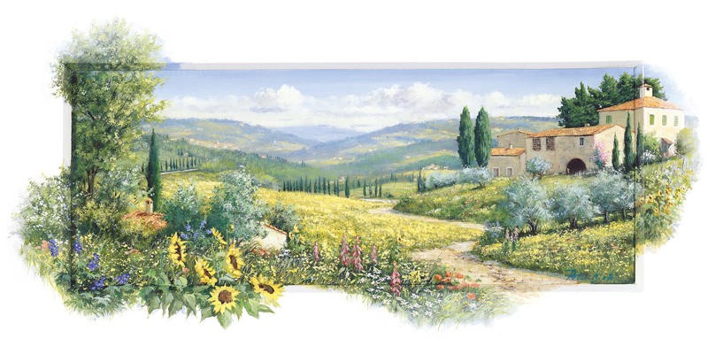 Peter Motz, View over Toscane (Landschaft, Toskana, Garten, Idylle, mediterran, Sommer, Blumen, Villa, Wunschgröße, Wohnzimmer, Treppenhaus)