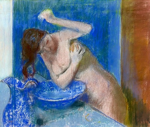 Edgar Degas, Junge Frau bei ihrer Toilette. Um 1892 (Degas,Edgar,1834-1917,Basel,Kunstmuseum,Pastell auf Papier,auf Karton,Degas, Edgar Degas,19. Jahrhundert,Impressionismus,Frau,Körperpflege,Wasser,sich waschen,waschen,intim,nackt,Waschschüssel,Krug,unbeobachtet, französischer impressionismus,impressionist)