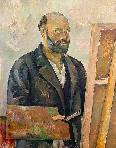 Paul Cézanne, Selbstbildnis mit Palette, 1885/87 (19. Jahrhundert,Öl auf Leinwand,Zürich,Stiftung Sammlung E.G. Bührle,1839-1906,Cézanne,Paul,Selbstbildnis,Cézanne,Cézanne, Paul 1839-1906,Künstlerportrait,Postimpressionismus,Mann,Maler,Staffelei,bei der Arbeit,Bart,stehen,Halbfigur,Kittel,Arbeitskittel)