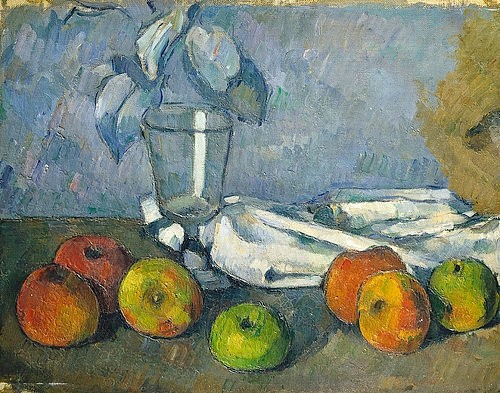 Paul Cézanne, Glas und Äpfel (Verrre et pommes). 1879-82 (Cézanne,Paul,1839-1906,Basel,Kunstmuseum,Öl auf Leinwand,Cézanne,Paul Cézanne,19. Jahrhundert,Postimpressionismus,Stilleben,Stillleben,Obst,Äpfel,Obststillleben,Glas,Goldener Schnitt,Komposition)