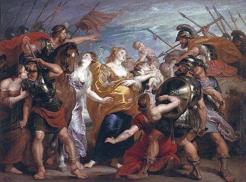 Peter Paul (Werkstatt) Rubens, Die Versöhnung zwischen den Sabinern und den Römern. (München,Alte Pinakothek,Rubens,Peter Paul (Werkstatt),Öl auf Holz,17. Jahrhundert,Antike,Geschichte,Rubens, Peter Paul (Werkstatt), Bayerische Staatsgemäldesammlungen,Sabiner,Römer,Schlachtfeld,Soldaten,Frauen,Waffen,Schild,Reiter,Mütter)