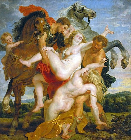 Peter Paul Rubens, Raub der Töchter des Leukippos. Um 1618 (Entführung, Frauenraub, Hilaeira und Phoibe, Dioskuren, Pferde, Mythologie, Blondine, Detail,  Barock, Klassiker, Malerei, Treppenhaus, Wohnzimmer, Wunschgröße, bunt)