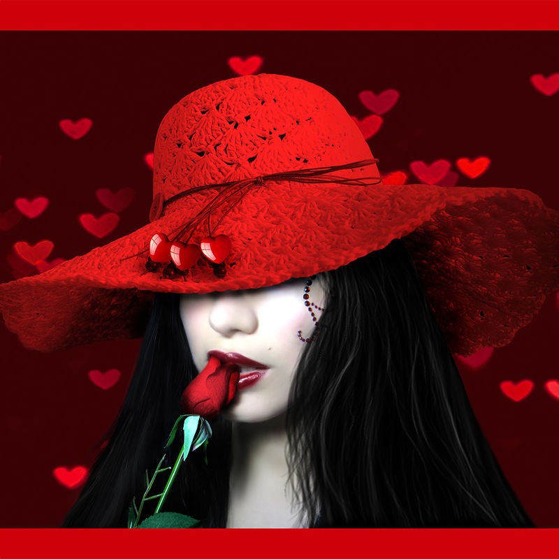 Babette, Love-Hearts (Portrait, junge Frau, Gesicht, rote Rose, roter Schlapphut, Hut,Herzen, Lippen, lasziv, Jugendzimmer, Wohnzimmer, Treppenhaus, Wunschgröße, Digitalkunst, rot)