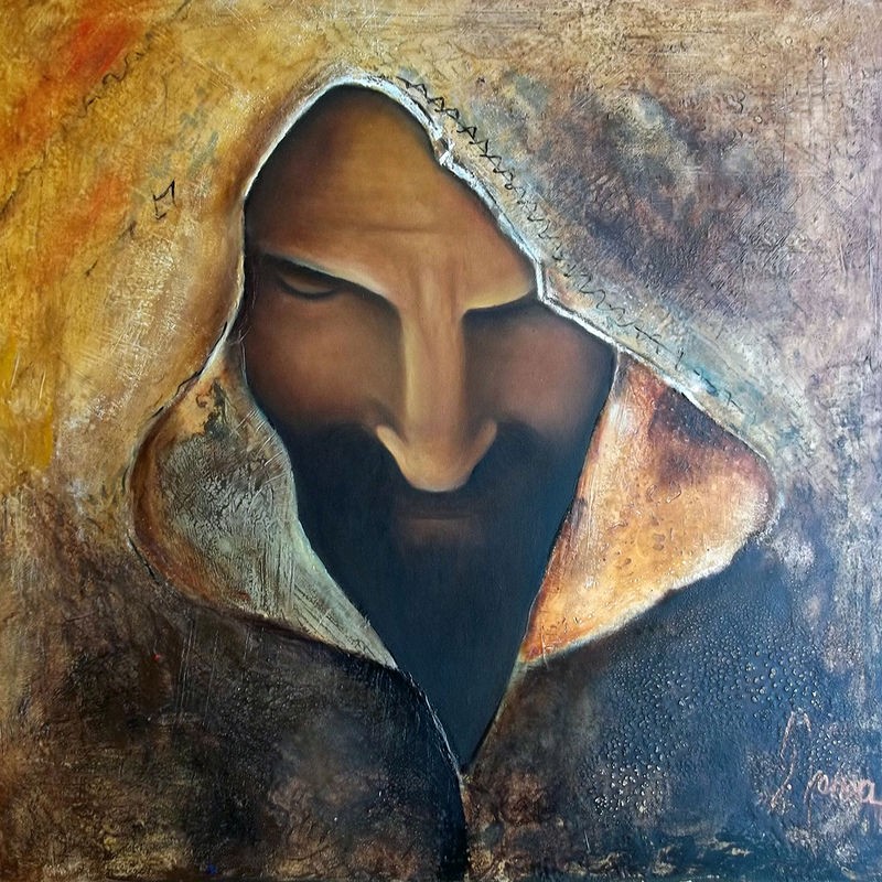 Leticia Herrera, Rosto Jesus (Jesus, Christus, Gesicht, Kapuze, Malerei, modern, zeitgenössisch,   Wunschgröße, Wohnzimmer,  Treppenhaus, Wunschgröße,rostbraun)