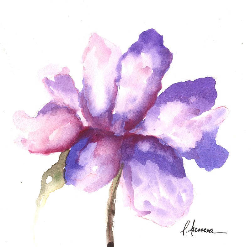 Leticia Herrera, Flor Morada (Blume, Aquarell, Malerei, modern, zeitgenössisch,   Wunschgröße, Wohnzimmer,  Treppenhaus, Wunschgröße, violett/weiß)