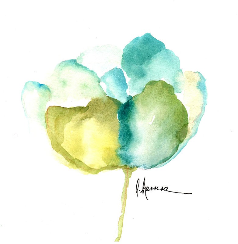 Leticia Herrera, Flor Azul Verde (Blume, Aquarell, Malerei, modern, zeitgenössisch,   Wunschgröße, Wohnzimmer,  Treppenhaus, Wunschgröße, blau/grün)