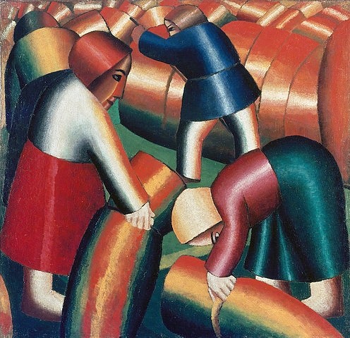 Kasimir Malewitsch, Erntebild. 1911/12 (Malewitsch,Kasimir,1878-1935,Amsterdam,Stedelijk Museum,20. Jahrhundert,Malewitsch, Kasimir Malewitsch ernten Ernte Landwirtschaft arbeiten Arbeit Bäuerin Bäureinnen Frauen bücken Feld Feldarbeit)