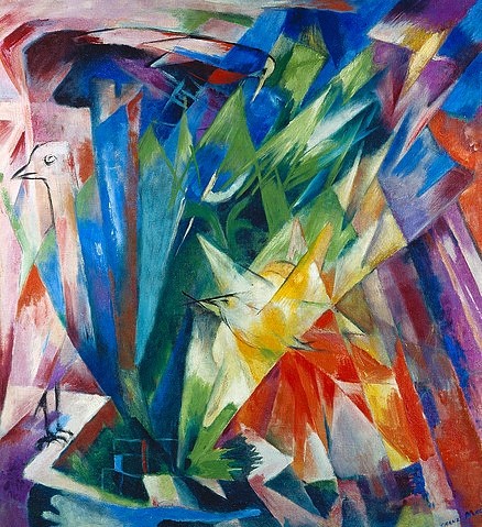 Franz Marc, Vögel. 1914 (München,Städtische Galerie,Marc,Franz,1880-1916,Öl auf Leinwand,20. Jahrhundert,Marc, Franz Marc,Blauer Reiter,Expressionismus,expressionistisch,Vögel,Vogel,Tier,Tiere,kristallin,geometrische Formen,geometrisch,spitz,fliegen,Auflösung,Kubismus,kubistisch,)
