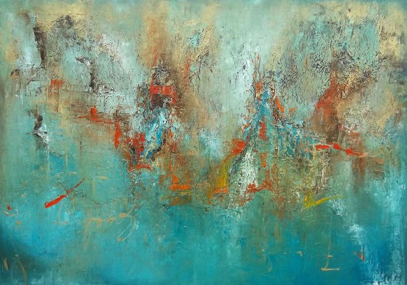 Leticia Herrera, Stroll (Abstrakt, Malerei, modern, zeitgenössisch,  Farbverläufe, Wunschgröße, Wohnzimmer, Büro, Treppenhaus, Business, blau)