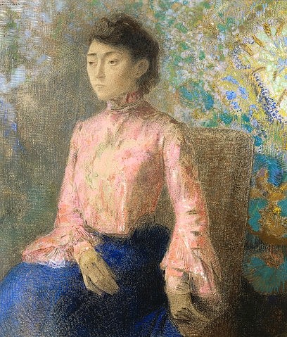 Odilon Redon, Bildnis der Mlle. Jeanne Chaîre. 1903 (Wunschgröße, klassische Moderne, Postimpressionismus, Mademoiselle, Bluse, rosa, Asiatin, Treppenhaus, Wohnzimmer, Malerei, bunt)