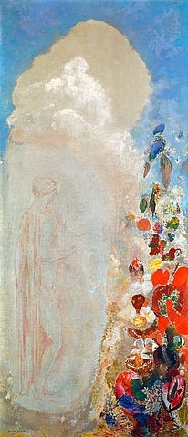 Odilon Redon, Frauengestalt und Blumen. (Symbolismus, Frau, Aura, Wolke, floral, Blüten, Blumen, floral, klassische Moderne, Malerei, Wohnzimmer, Treppenhaus, Wunschgröße, bunt)