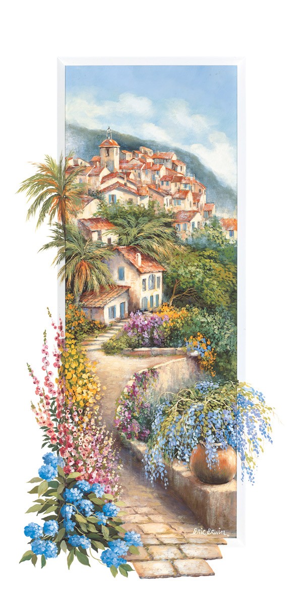 Eric Erwin, Ramatuelle I (Dorf, Provence, mittelalterlich, Frankreich Blumen, Blüten, mediterran, südländisch, Idylle, Nostalgie, Sommer, Urlaub, Treppenhaus, Wohnzimmer, Wunschgröße, Malerei, bunt)