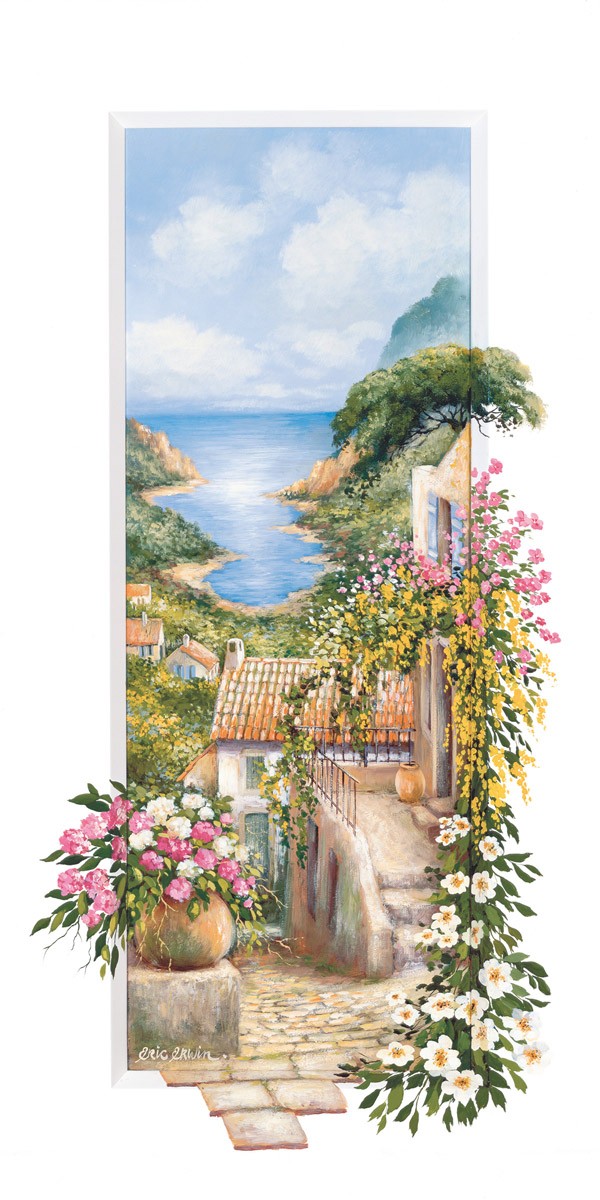 Eric Erwin, Ramatuelle II (Dorf, Provence, Cotes d'Azur, Meeresblick, mittelalterlich, Frankreich Blumen, Blüten, mediterran, südländisch, Idylle, Nostalgie, Sommer, Urlaub, Treppenhaus, Wohnzimmer, Wunschgröße, Malerei, bunt)