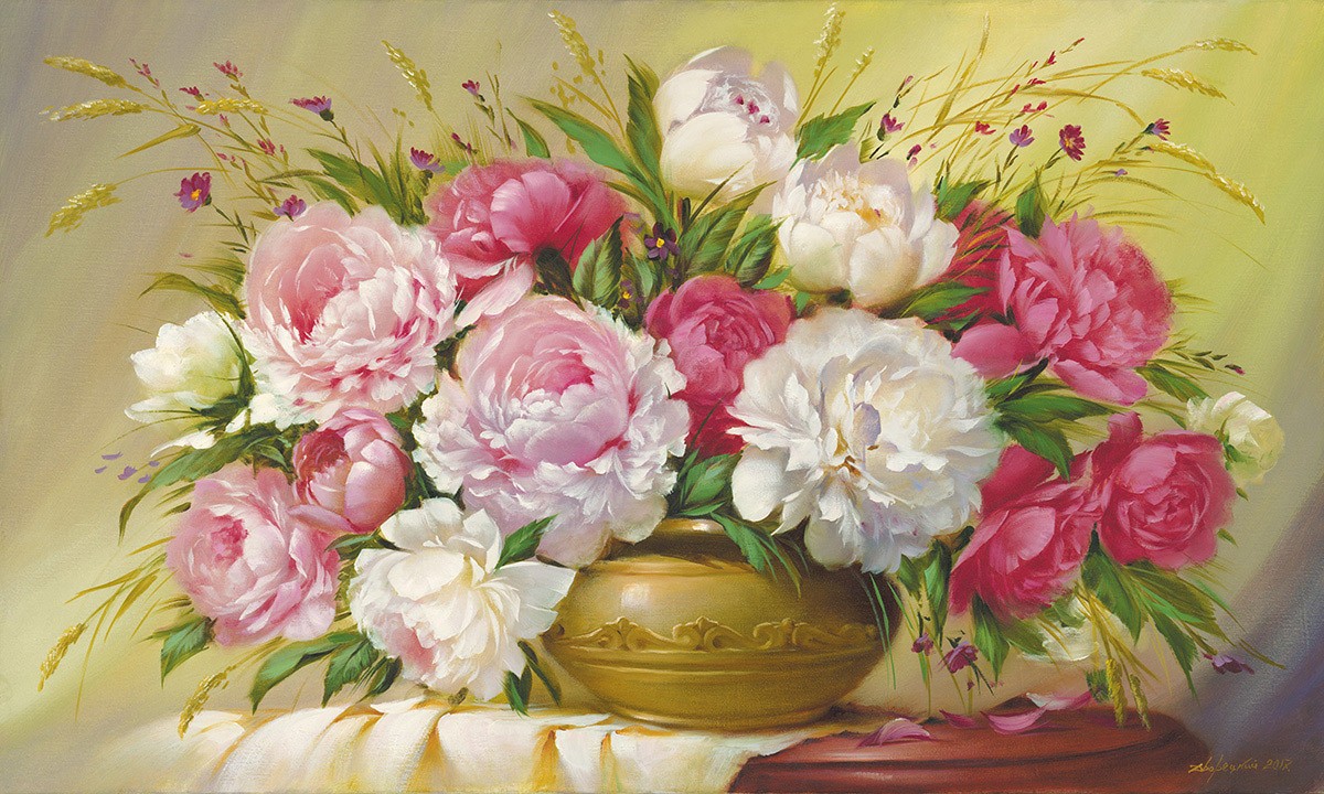 Petrovich Dvoretskiy, Spring Roses (Blumen, Bouquet, Stillleben, Pfingstrosen, Rosen, üppig, Malerei, Treppenhaus, Esszimmer, Wohnzimmer, Wunschgröße, bunt)