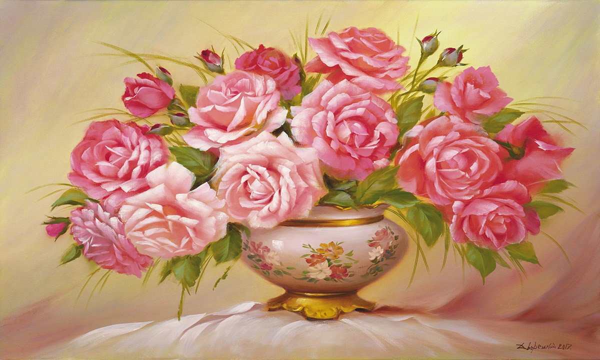 Petrovich Dvoretskiy, Pink Roses (Blumen, Bouquet, Stillleben,  Rosen, üppig, Malerei, Treppenhaus, Esszimmer, Wohnzimmer, Wunschgröße, bunt)
