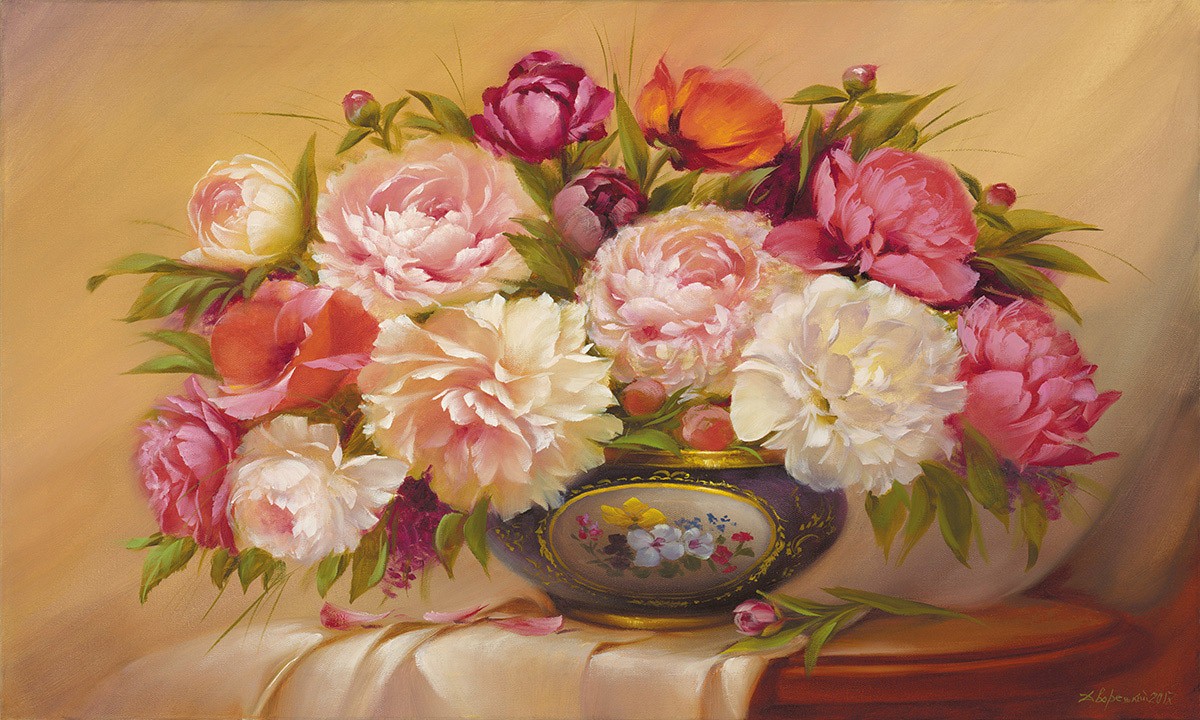 Petrovich Dvoretskiy, Colorful Roses (Blumen, Bouquet, Stillleben, Rosen, üppig, Malerei, Treppenhaus, Esszimmer, Wohnzimmer, Wunschgröße, bunt)