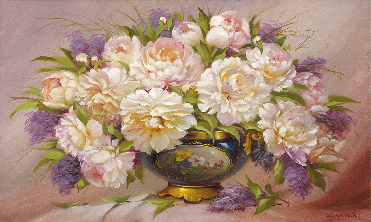Petrovich Dvoretskiy, Roses and Lilacs (Blumen, Bouquet, Stillleben,  Rosen, Flieder, üppig, Malerei, Treppenhaus, Esszimmer, Wohnzimmer, Wunschgröße, bunt)