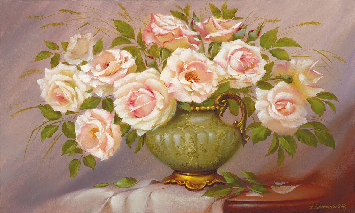 Petrovich Dvoretskiy, Soft pink Roses (Blumen, Bouquet, Stillleben,  Rosen, üppig, Malerei, Treppenhaus, Esszimmer, Wohnzimmer, Wunschgröße, bunt)