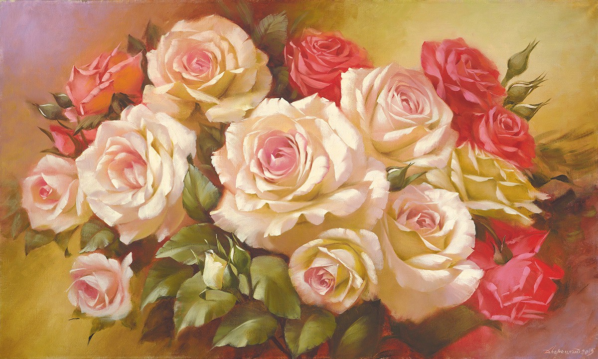 Petrovich Dvoretskiy, Glamour Roses (Blumen, Bouquet, Stillleben,  Rosen, üppig, Malerei, Treppenhaus, Esszimmer, Wohnzimmer, Wunschgröße, bunt)