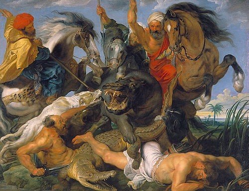 Peter Paul Rubens, Jagd auf Nilpferd und Krokodil. Um 1615 (Jagdszene, Nilpferd, Krokodil,  Jagd, Jäger, Beute, Lanzen, Reiter, Drama, Pferde, Barock, Klassiker, Malerei,  Treppenhaus, Wohnzimmer, Wunschgröße, bunt)