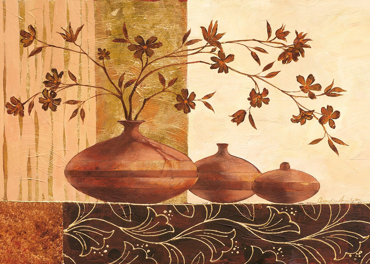 Claudia Ancilotti, Piombino (Stillleben, Blumenvasen, Zweige, Terracotta, florale Muster, Herbstfarben, Wunschgröße, Treppenhaus, Wohnzimmer, bunt)