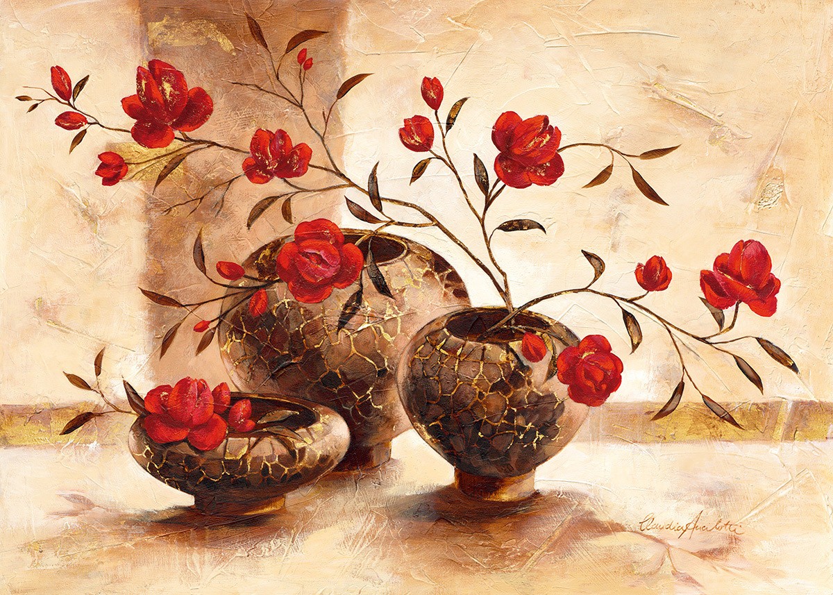 Claudia Ancilotti, Mauritius (Stillleben, Blumenvasen, Blumen, rote Blüten,  Herbstfarben, Wunschgröße, Treppenhaus, Wohnzimmer, Esszimmer, bunt)