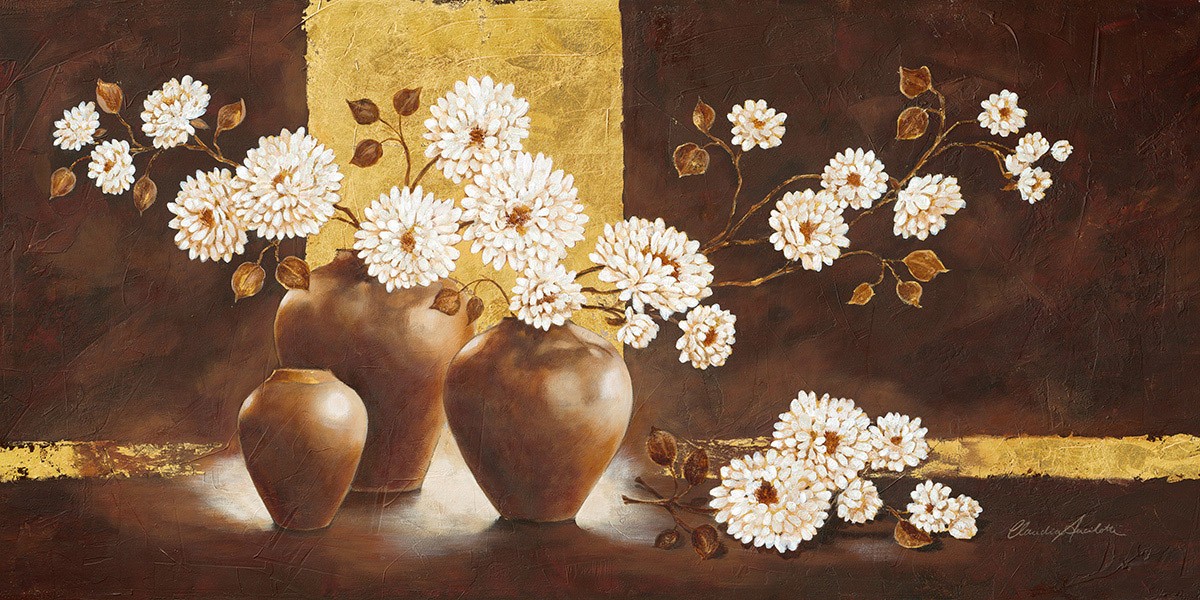 Claudia Ancilotti, Golden Brown (Stillleben, Blumenvasen, Blumen, Blüten, Terracotta, Herbstfarben, Wunschgröße, Treppenhaus, Wohnzimmer, Esszimmer, bunt)