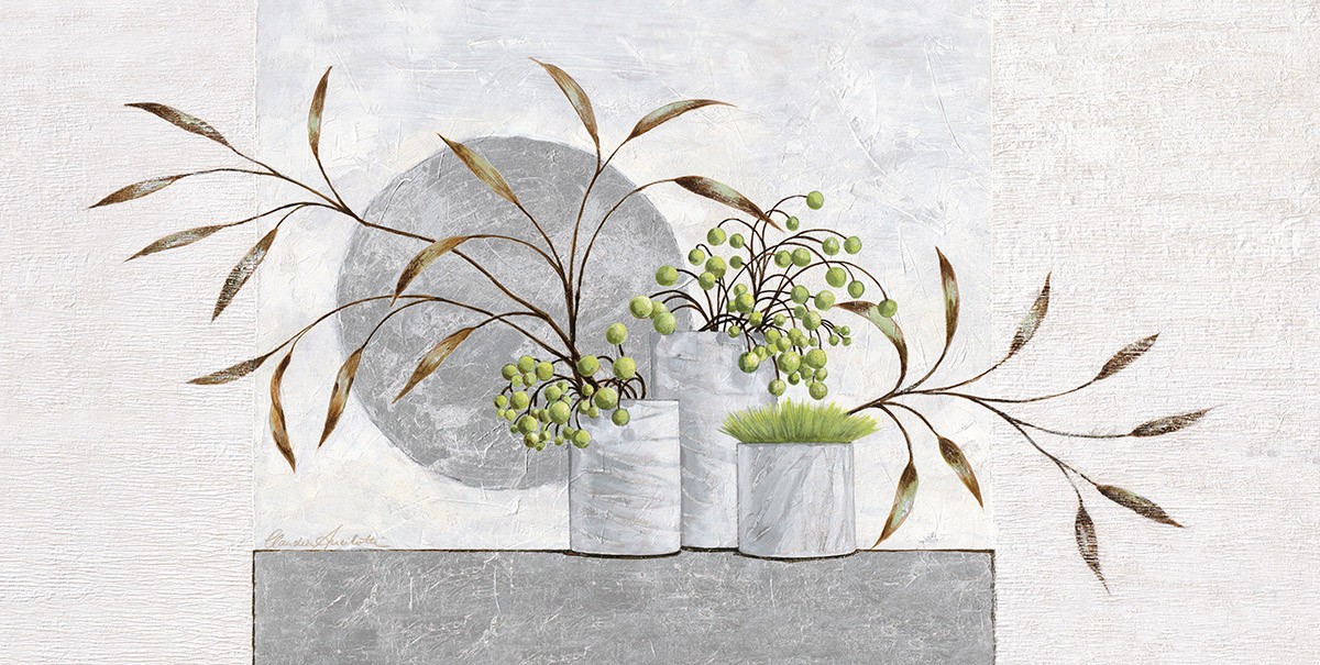 Claudia Ancilotti, Silver Moon (Stillleben, Blumenvasen, Zweige, kühl, modern, Wunschgröße, Treppenhaus, Wohnzimmer, Esszimmer, grau/weiß)