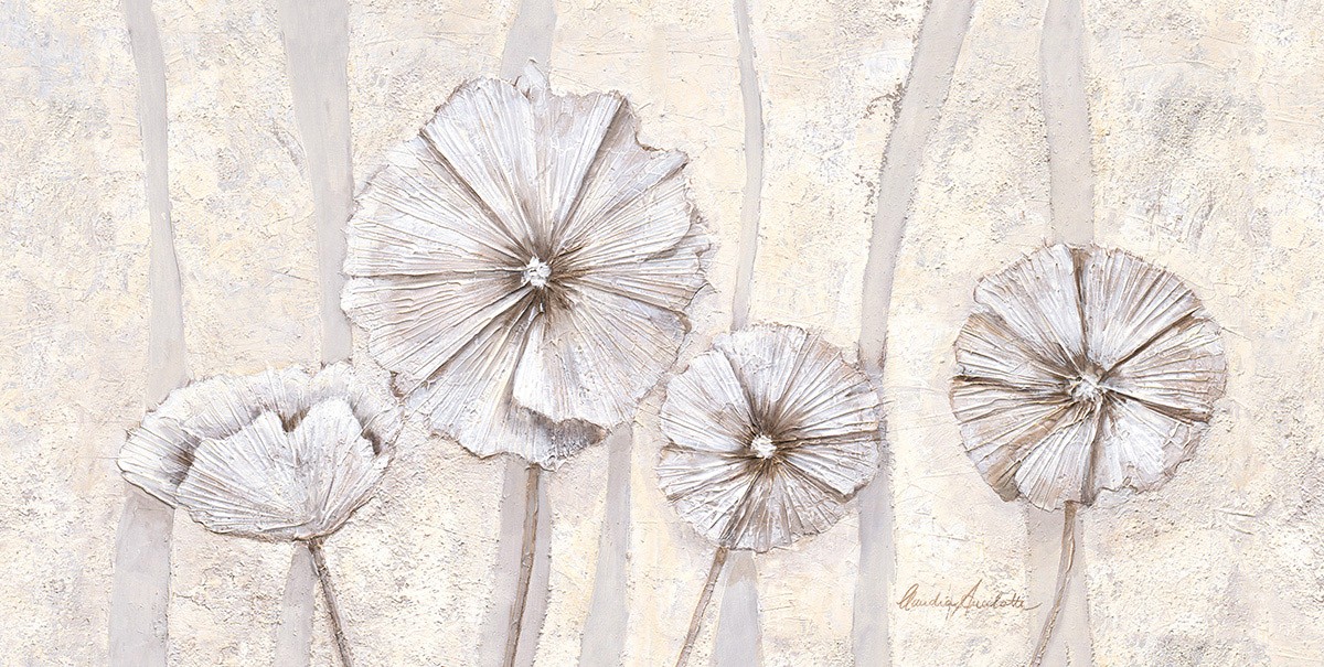 Claudia Ancilotti, Pearl Poppies (Blumen, Mohnblüten, Blüten, stilisiert, kühl, modern, Wunschgröße, Treppenhaus, Wohnzimmer, Esszimmer, grau/weiß)