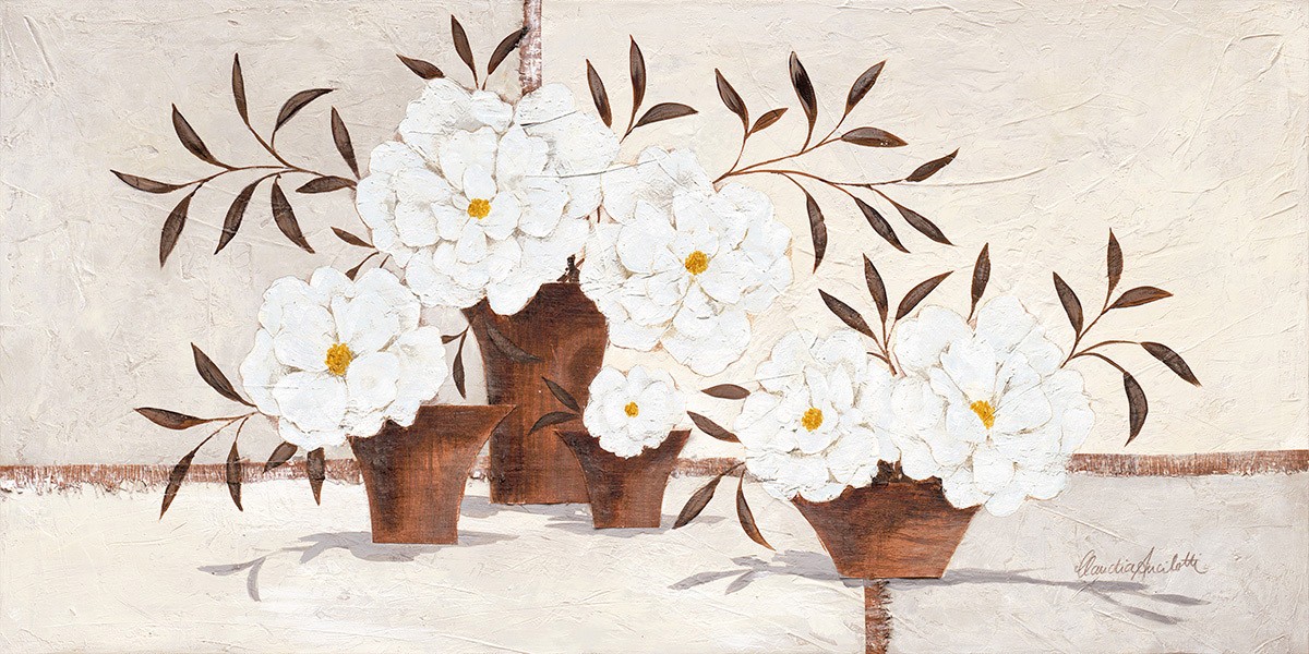 Claudia Ancilotti, Light Bloom (Stillleben, Blumenvasen, Blumen, Blüten, kühl, modern, Wunschgröße, Treppenhaus, Wohnzimmer, Esszimmer, beige/braun)