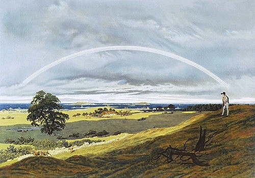 Caspar David Friedrich, Landschaft mit Regenbogen. (Friedrich,Caspar David,Öl auf Leinwand,Romantik,nach,Verschollenes Gemälde,ehemals Kunstsammlungen Weimar,Caspar David Friedrich,Landschaft,ebene Wanderer Regenbogen Himmel aufklaren)