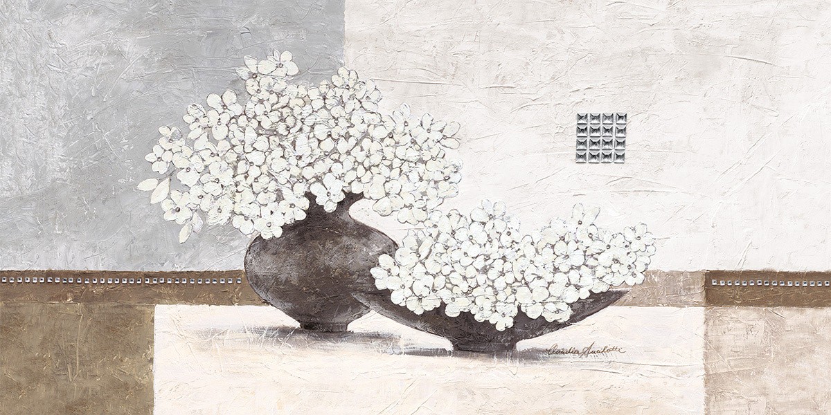 Claudia Ancilotti, Diamonds & Pearls (Stillleben, Blumenvasen, Blüten, Zweige, kühl, modern, Wunschgröße, Treppenhaus, Wohnzimmer, Esszimmer, grau/braun)