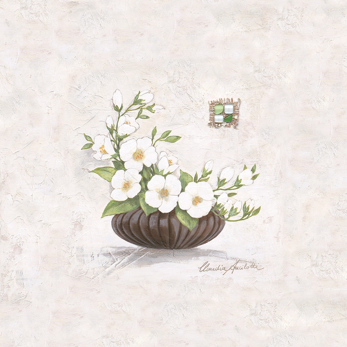 Claudia Ancilotti, Hanni (Stillleben, Blumenschale, Blüten, kühl, modern, Wunschgröße, Treppenhaus, Wohnzimmer, Esszimmer, grau/weiß)