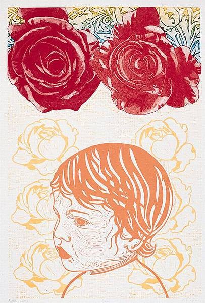 Kopec Eliza Flower Power (Radierung, handsigniert) (Blumen, Blüten, Rosen, Baby, Kinderkopf, Original, signiert, Grafik, Objekt, klar, deutlich, Treppenhaus, Wohnzimmer, rot/orange)