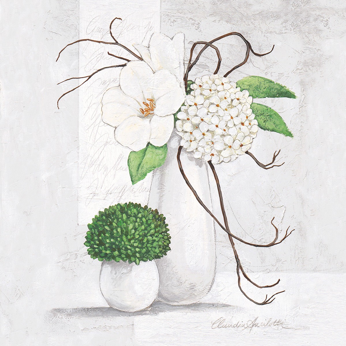 Claudia Ancilotti, Silent Blossom (Stillleben, Blumenvasen, Blüten, kühl, modern, Wunschgröße, Treppenhaus, Wohnzimmer, Esszimmer, grün/weiß)