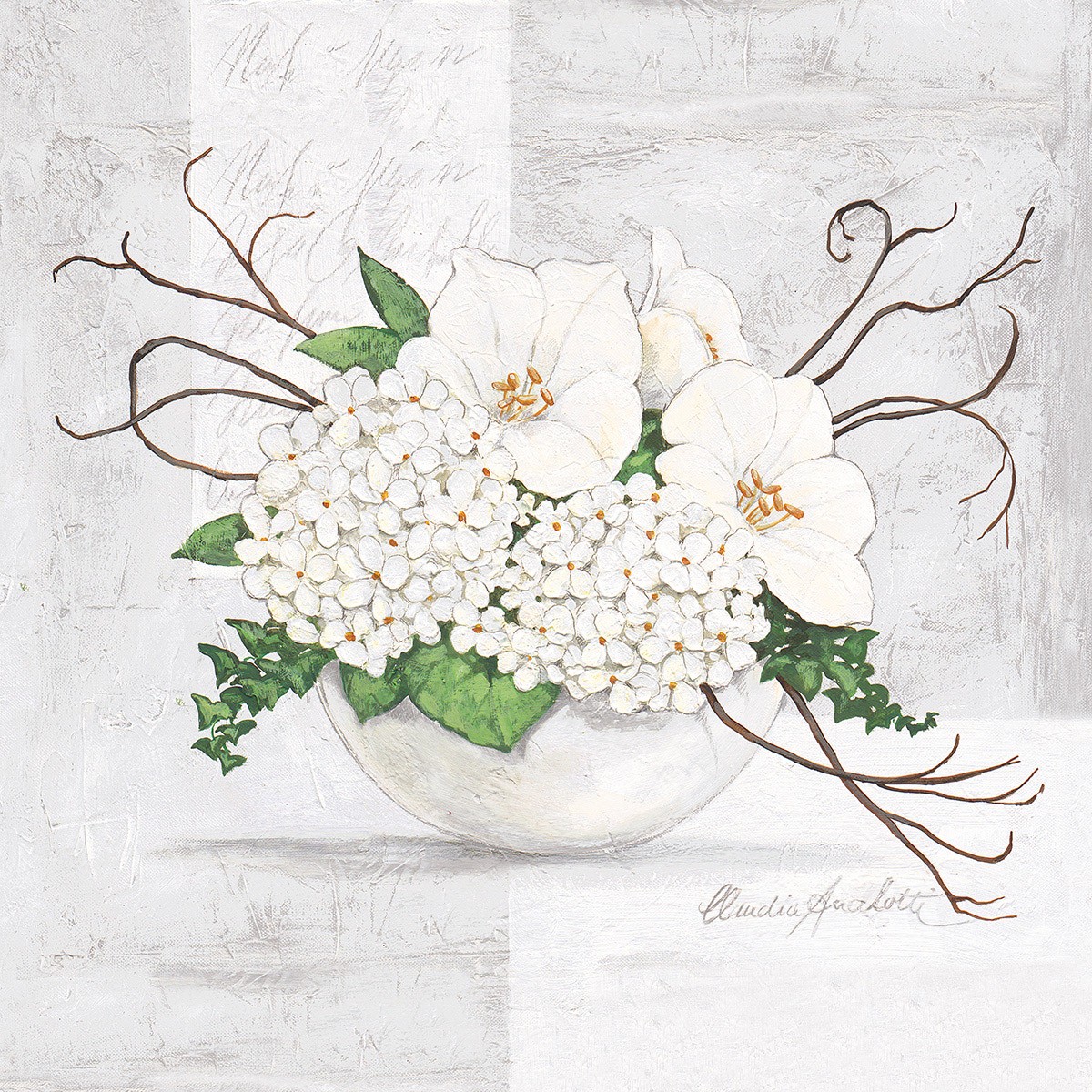 Claudia Ancilotti, Green Blossom (Stillleben, Blumenvasen, Blüten, kühl, modern, Wunschgröße, Treppenhaus, Wohnzimmer, Esszimmer, grün/weiß)