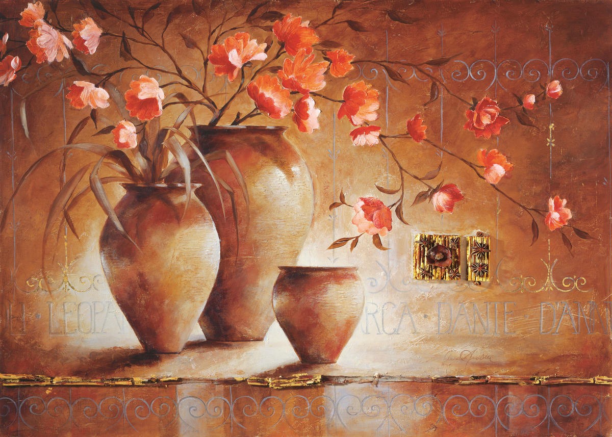 Claudia Ancilotti, Dante (Stillleben, Blumenvasen, Blumen, rote Blüten, Feuerwerk, Terracotta, Herbstfarben, Wunschgröße, Treppenhaus, Wohnzimmer, Esszimmer, bunt)