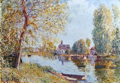 Alfred Sisley, Frühling in Moret-sur-Loing. (Öl auf Leinwand,Winterthur,Villa Flora,1839-1899,Sisley,Alfred,Sisley, Alfred Sisley,19. Jahrhundert,Moret sur Loing,Impressionismus,impressionistisch,Frankreich,Frühling,Fluss,Landschaft,Flussufer,malerisch,landschaftlich reizvoll)