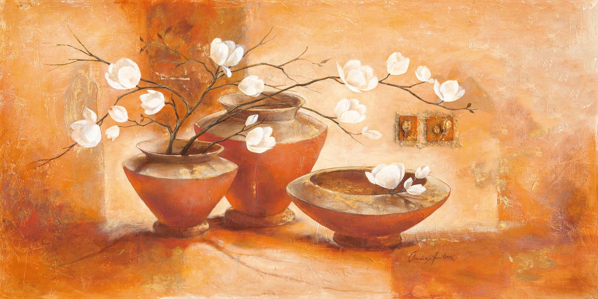Claudia Ancilotti, Giulietta (Stillleben, Blumenvasen, Blumen, weiße Blüten, Terracotta,  Herbstfarben, Wunschgröße, Treppenhaus, Wohnzimmer, Esszimmer, bunt)