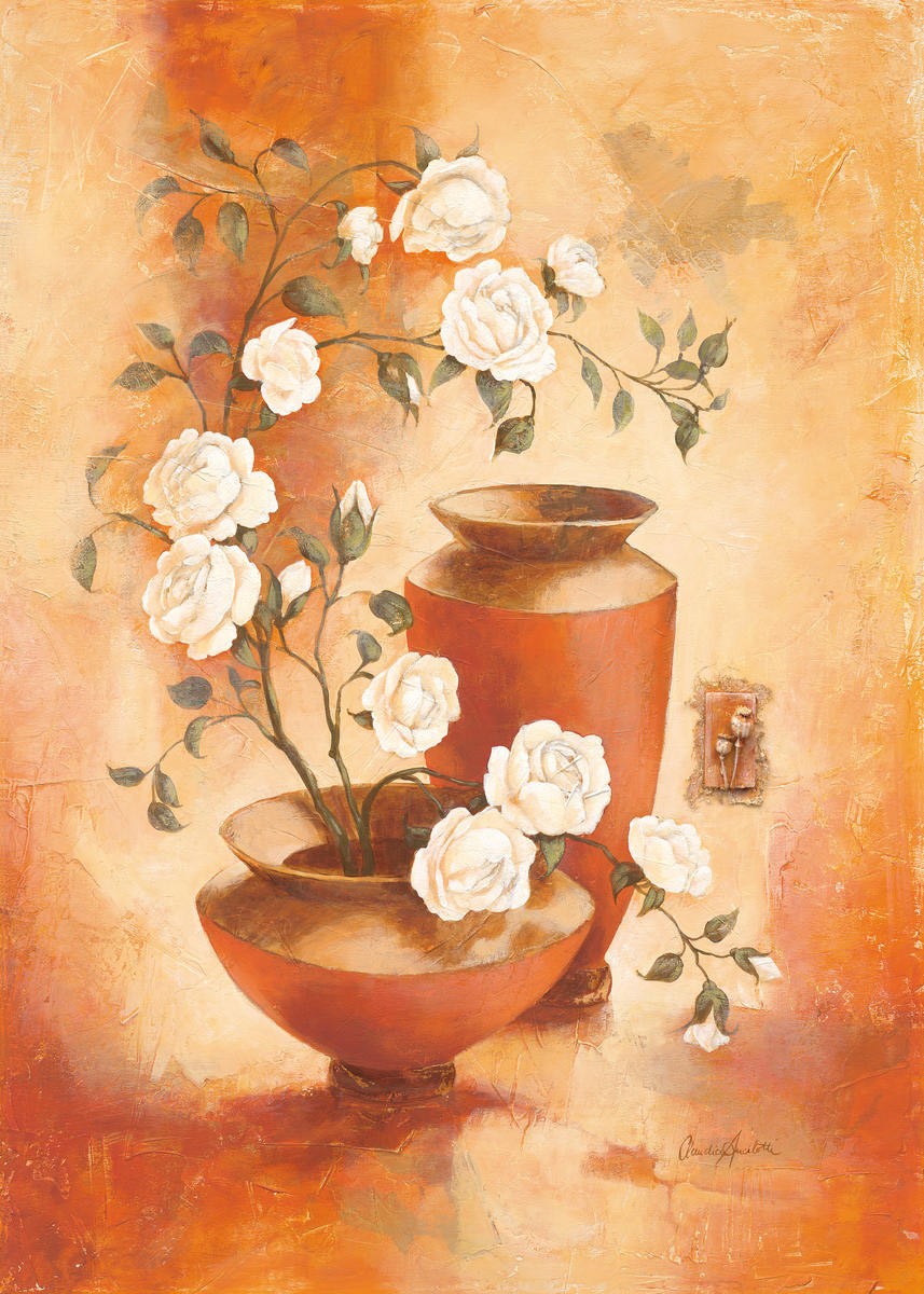Claudia Ancilotti, Bella Bianca (Stillleben, Blumenvasen, Blumen, weiße Blüten, Rosen, Terracotta,  Herbstfarben, Wunschgröße, Treppenhaus, Wohnzimmer, Esszimmer, bunt)