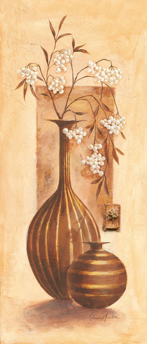 Claudia Ancilotti, Portofino (Stillleben, Blumenvasen, Blumen, Zweig,  Herbstfarben, Wunschgröße, Treppenhaus, Wohnzimmer, Esszimmer, beige/braun)