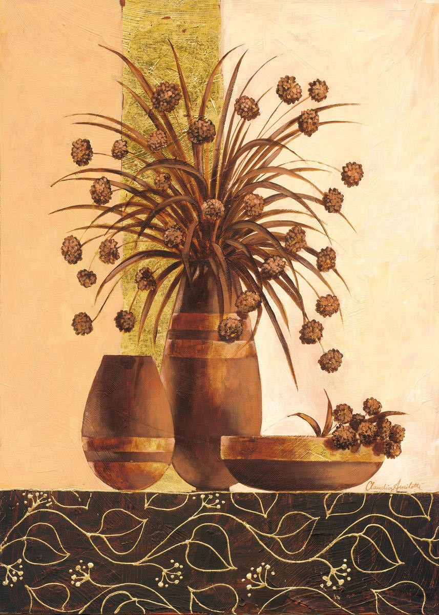 Claudia Ancilotti, Montisoni (Stillleben, Blumenvasen, Zweige, florale Muster, Herbstfarben, Wunschgröße, Treppenhaus, Wohnzimmer, Esszimmer, beige/braun)