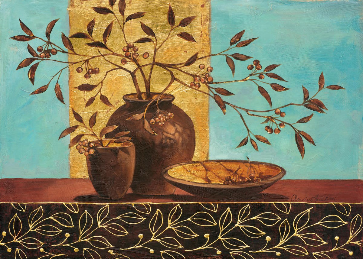 Claudia Ancilotti, Leaf Lounge (Stillleben, Blumenvasen, Zweige, Terracotta, florale Muster, Herbstfarben, Wunschgröße, Treppenhaus, Wohnzimmer, Esszimmer, bunt)