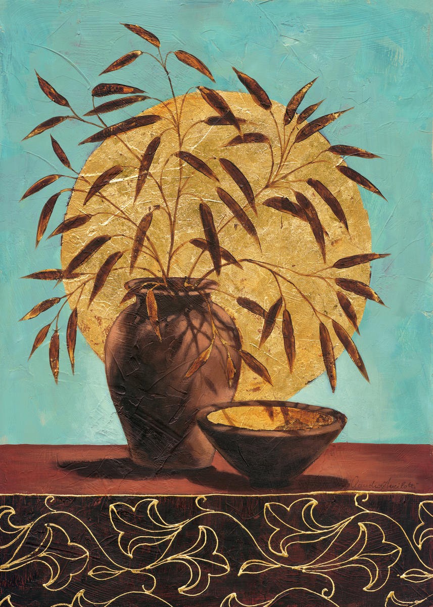 Claudia Ancilotti, Bamboo Lounge (Stillleben, Blumenvasen, Zweige, Bambus, Sonnenscheibe, Terracotta, florale Muster, Herbstfarben, Wunschgröße, Treppenhaus, Wohnzimmer, Esszimmer, bunt)