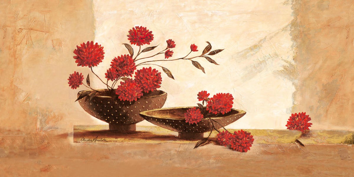 Claudia Ancilotti, Barbados (Stillleben, Blumenschalen, rote Blüten, Terracotta,  Herbstfarben, Wunschgröße, Treppenhaus, Wohnzimmer, Esszimmer, bunt)