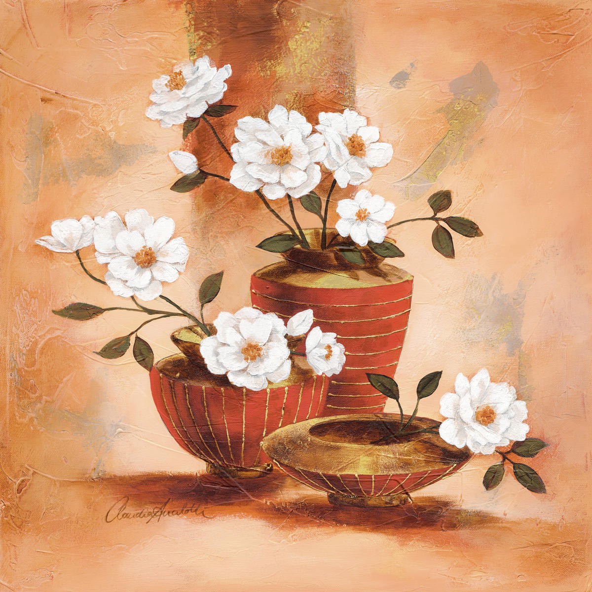 Claudia Ancilotti, Emanuele (Stillleben, Blumenvasen, Blumen, weiße Blüten, Terracotta,  Herbstfarben, Wunschgröße, Treppenhaus, Wohnzimmer, Esszimmer, bunt)