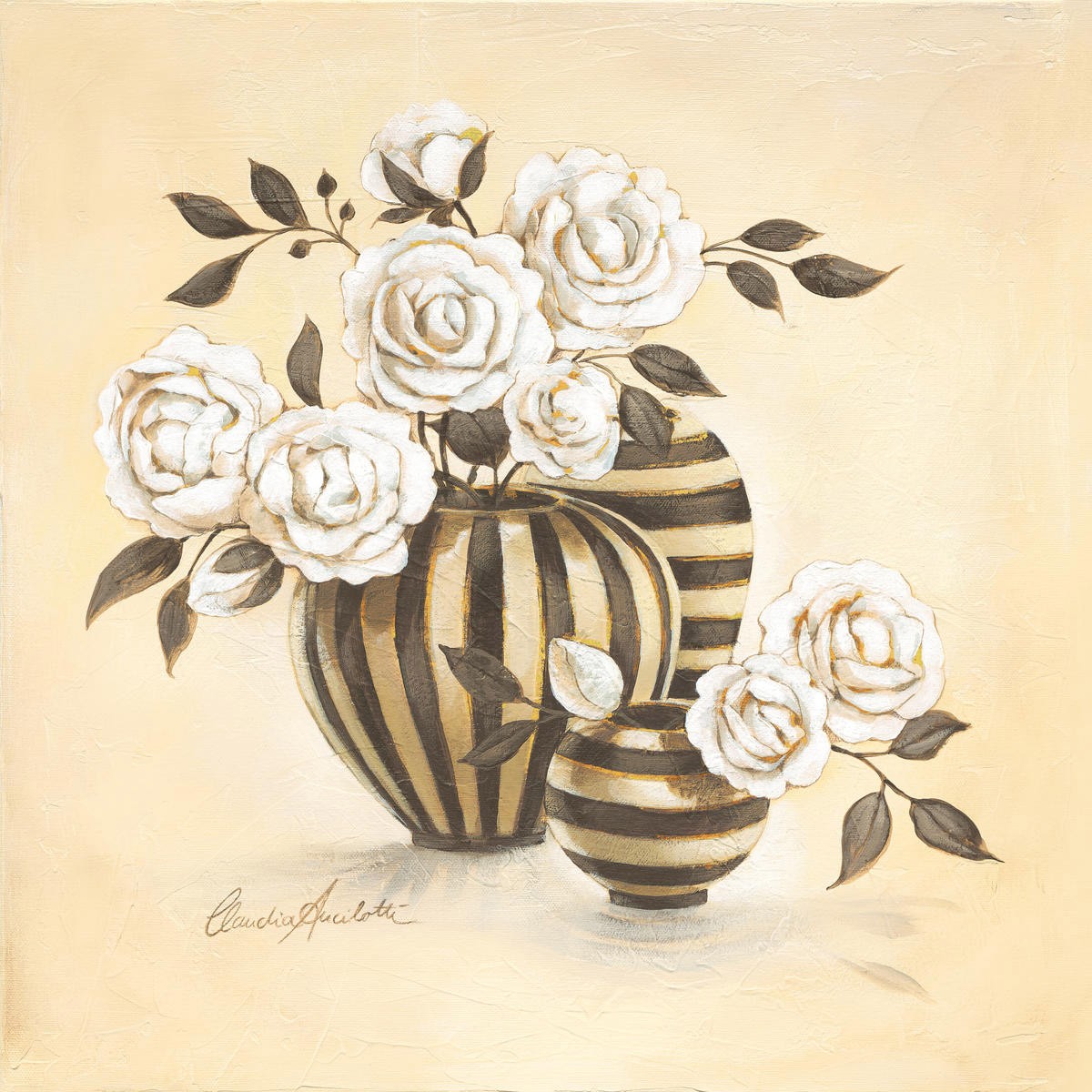 Claudia Ancilotti, Palermo (Stillleben, Blumenvasen, Streifenmuster, Blütenzweige, weiße Blüten, Rosen, Wunschgröße, Treppenhaus, Wohnzimmer, Esszimmer, beige/grau)